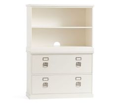 a white bookcase with two drawers on top and one drawer open to show the contents