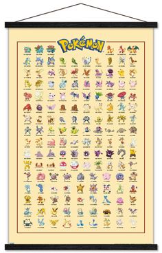 a pokemon poster hanging on the wall above a white framed frame with various cartoon characters