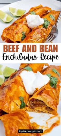 beef and bean enchiladas recipe on a plate with sour cream in the middle