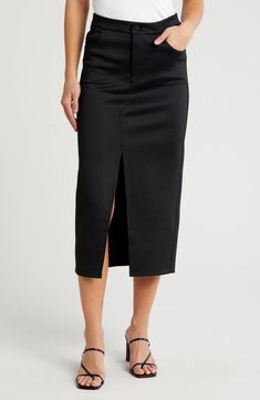 A front slit and stretchy scuba skin allow you to move easily in this midi-length skirt designed to take you from desk to dinner. Zip fly with button closure Front scoop pockets; back patch pockets Front slit 90% polyester, 10% spandex Machine wash, tumble dry Imported Midi Length Skirts, Black Midi, Hudson Jeans, Skirt Design, Black Beauty, Midi Length, Nordstrom Rack, Midi Skirt, Nordstrom