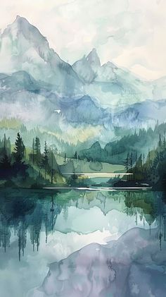 watercolor painting of mountains and trees in the distance with blue sky reflected in the lake