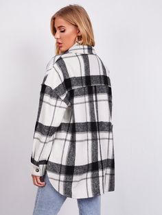 SHEIN Abrigo de hombros caídos con bolsillo delantero | SHEIN USA Plaid Coat Women, Pink Check Dress, Jacket Outfit Women, Woven Jacket, Exclusive Dress, Plaid Coat, Check Dress