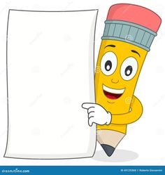 a cartoon pencil character holding up a blank paper and pointing at it with his finger