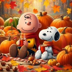 a charlie brown thanksgiving scene with pumpkins and jack the peanutster holding a cup