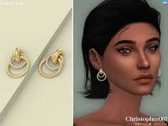 a pair of gold earrings with pearls on top and an image of a woman's face