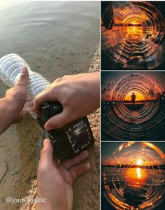 a person holding a camera in their hand near the water and some images of sunsets