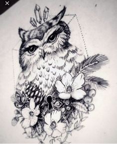 an owl with a crown on its head surrounded by flowers and leaves is depicted in this tattoo design