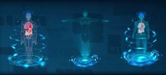 the human body is surrounded by blue circles and glowing lights, as well as an image of