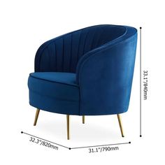 the blue chair with gold legs is shown in front of a white background and measurements