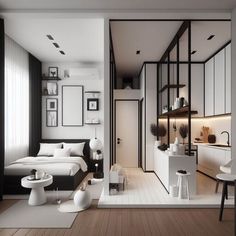 a white and black bedroom with wooden floors