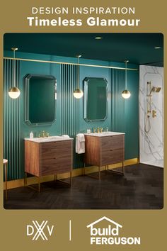 a bathroom with green walls and two sinks in the same color, one is gold