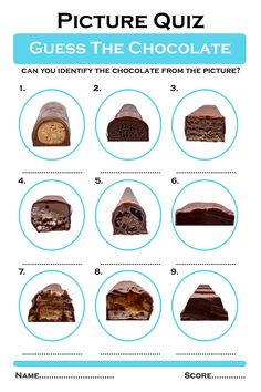 an info sheet with pictures of different types of chocolates and what to put in them