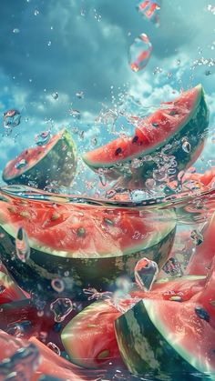 watermelon slices floating in the air with bubbles