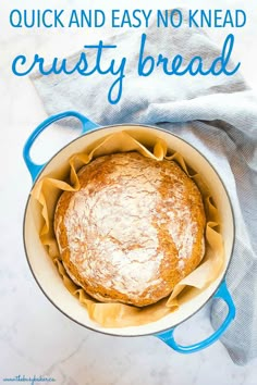 a baked bread in a bowl with the words quick and easy no knead crusty bread