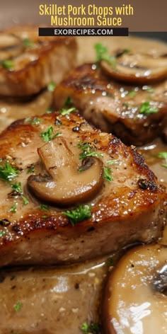 some meat with mushrooms on top of it