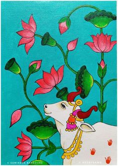 a painting of a cow with flowers on it's head and hands in the background