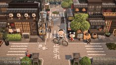 an animated image of a man riding a bike down a street in front of buildings