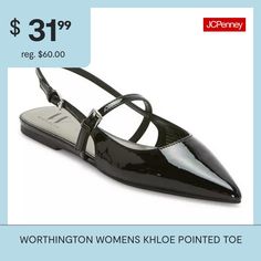 These Worthington women's Khloe pointed-toe ballet flats are an on-trend style to add into your wardrobe mix. Made from a silver-tone metallic faux leather, this closed-toe shoe has an open back with dual strap closures to keep your feet in place. Wear them with skinny jeans and a shirt or a dress. Closure Type: BuckleShoe Heel Height: 1/2 InchUpper/Outer Base Material: 100% TextileShoe Lining Material: PolyurethaneSole Material Content: 100% Thermoplastic-RubberToe Type: Pointed Toe, Closed To… Spring Slip-on Ballet Flats With Pointed Toe, Trendy Pointed Toe Ballet Flats For Spring, Trendy Spring Ballet Flats With Pointed Toe, Trendy Spring Pointed Toe Ballet Flats, Spring Pointed Toe Ballet Flats Medium Width, Spring Pointed Toe Ballet Flats, Spring Ballet Flats With Pointed Toe, Summer Ballet Flats With Pointed Toe, Shoes Ballet Flats