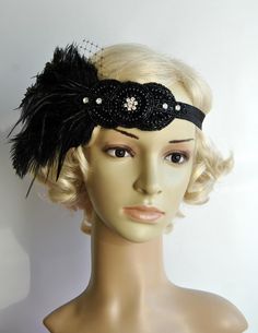 Beautiful Vintage Style, Great Gatsby inspiration designs rhinestones flapper headband with feathers. Queen headpiece. Adorable Old Hollywood Glam flapper headband is made from : - georgeus shape sparking Art Deco beaded rhinestone appligue in black color - mix of black ostrich feathers ,wispy ostrich plumes and turkey feathers and netting accent - black elastic Perfect for a Great Gatsby or a 1920's party - this is trendy accessory that is sure to compliment almost every outfit. Can be worn wit Vintage Adjustable Headpieces With Feathers, Vintage Adjustable Feather Headpieces, Adjustable Vintage Headpieces With Feathers, Carnival Beaded Adjustable Headpieces, Carnival Adjustable Beaded Headpiece, Gatsby Style Headband Fascinator, Adjustable Feather Headband, Vintage Adjustable Headpiece For Carnival, Gatsby Style Feather Headband