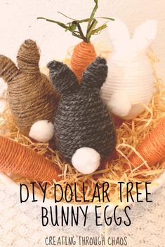 three crocheted bunny eggs sitting on top of a pile of hay with the words diy dollar tree bunny eggs