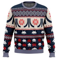 an ugly sweater with space shuttles and stars on the chest, all in blue