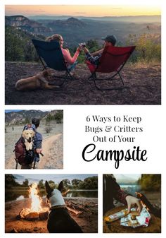 two people sitting in lawn chairs next to a campfire with their dog on the ground