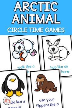 an arctic animal circle time game with four different pictures and the words arctic animals on it