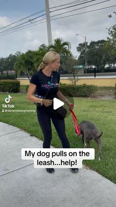 a woman walking her dog on a leash