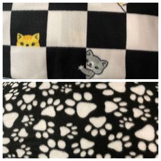 two pictures of the same fabric with cats on them