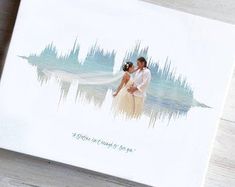 a wedding card with an image of a bride and groom in front of sound waves