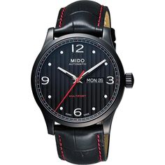 The Mido men's watch is constructed with high-quality stainless steel with a black leather strap. The dial is black, protected by a scratch resistant sapphire. Up to 100 m (330 feet) water resistance. The movement is automatic. (M0054303705000) Premium Outlets, Dream Watches, Authentic Watches, Black Bracelets, Watch Sale, Black Watch, Personal Shopping, Automatic Watch, Men's Watch