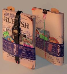 two pieces of luggage with tags attached to each side and the words rush written on them