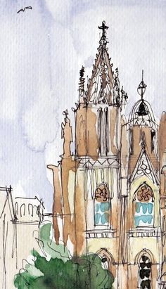 watercolor and ink drawing of an old building with spires on it's roof