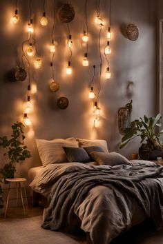 DIY bedroom hanging lights ideas, featuring creative pendant and accent lighting for a cozy atmosphere. Lights Diy Ideas, Hanging Lights Diy, Cozy Fairy Lights, Bedroom Hanging Lights, Diy Hanging Light, Hanging Bedroom Lights, Cozy Bedroom Lighting, Inviting Bedroom, Lights Diy