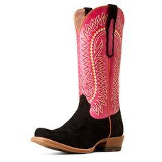 N/ADerby Monroe Western Boot | Product Features : 0 : Contoured All Day Cushioning insole, 1 : Duratread outsole provides maximum wear resistance and flexibility, 2 : Cement construction, 3 : Six-row stitch pattern with embroidery | Women's Derby Monroe Western Boots in Black Roughout Full-grain leather and suede upper, Size: 11 B / Medium by Ariat Ariat Women, Pink Boots, Leather Cowboy Boots, Western Boot, Toe Designs, Western Outfits, Cowgirl Boots, Western Boots, Full Grain Leather