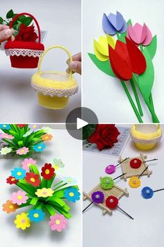 four different pictures with flowers in them, and one is made out of construction paper