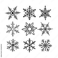 black and white snowflakes on a white background, set of nine different designs