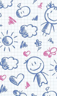 a child's drawing on a sheet of paper with hearts and clouds in the background