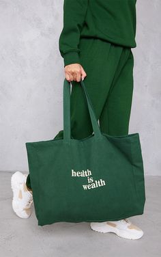 Tote Bag Accessories, Health Is Wealth, Green Tote Bag, Green Tote, Oversized Tote Bag, Oversized Tote, Sporty And Rich, Canvas Designs