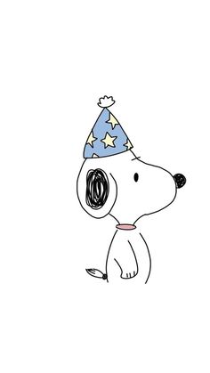 a drawing of a dog wearing a party hat with stars on it's head