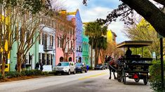 a horse drawn carriage traveling down a street next to tall colorful buildings with trees in the foreground