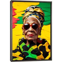 an old woman wearing sunglasses and a head scarf in front of a colorful wall art