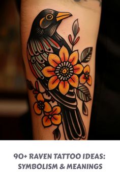 a black bird with flowers on it's arm and the words 90 raven tattoo ideas symbol