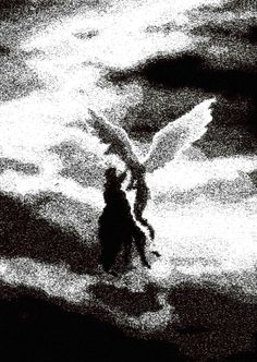 a black and white photo of an angel with wings flying through the air in front of clouds