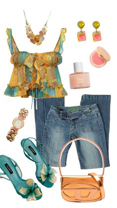 Vacation Fits Aesthetic, Funky Outfits Summer, Tropical Outfits Aesthetic, Miss Match Outfits, Summer 2000s Outfits, Pink Belt Outfit, Vacation Aesthetic Outfit, Vintage Aesthetic Blue, Pink Vintage Aesthetic