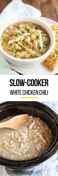 Slow Cooker White Chicken Chili Recipe. This easy, healthy, comfort food recipe is so simple to make in your crockpot for a quick weeknight meal that kids, adults and families of all kinds will love. Just put chicken breasts or thighs, onion, celery, green chili peppers, garlic, cumin, coriander, chicken stock, corn, cannellini beans, in your crock pot. Great for tailgate or superbowl party food! White Bean Chicken Chili Slow Cooker, White Bean Chicken Chili Crockpot, Slow Cooker White Chicken Chili, Slow Cooker Chicken Stew, Beans In Crockpot, White Chicken Chili Recipe, Chicken Chili Crockpot, White Bean Chicken Chili