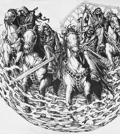 a black and white drawing of four men riding on horses with swords in their hands