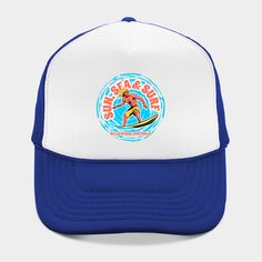 Show your love of surfing with this fun and colorful surfer graphic. -- Choose from our vast selection of Trucker hats to match with your favorite design to make the perfect custom graphic Hat. Customize your color! For men and women. Summer Outdoor Hat With Graphic Print, Summer Cap With Graphic Print, Retro Flat Bill Hat For Beach, Adjustable Blue Trucker Hat For Beach, Summer Graphic Print Cap, Blue Curved Bill Trucker Hat For Beach, Summer Graphic Print Baseball Cap, Retro Summer Hats With Graphic Print, Retro Summer Hat With Graphic Print