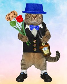 a cat in a tuxedo holding flowers and a bottle