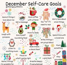 a poster with words and pictures on it that say, december self care goals for kids